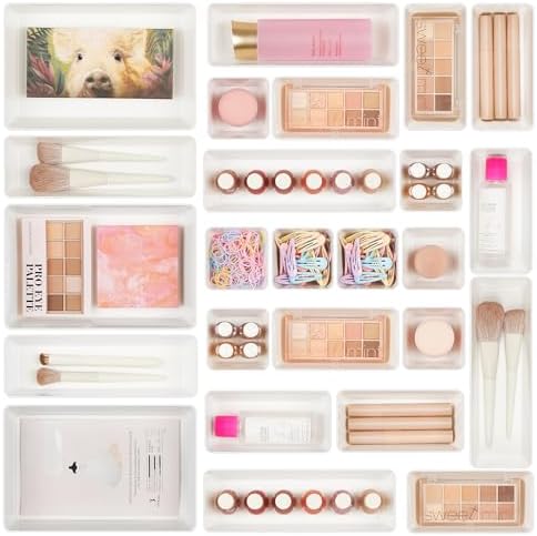 Vtopmart 25 PCS Clear Plastic Drawer Organizers Set, 4 - Size Versatile Bathroom and Vanity Drawer Organizer Trays, Storage Bins for Makeup, Bedroom, Kitchen Gadgets Utensils and Office - Homesidy.com