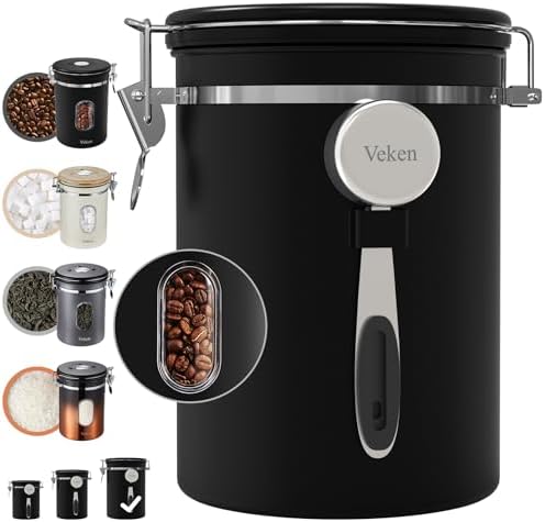 Veken Coffee Canister with Window,Airtight Stainless Steel Pantry Container,Home Kitchen Food Storage Organizers for Ground,Beans,Espresso,Rice,Tea,Sugar,Cereal, Flour,Bar Accessories,Gifts,22OZ,Black - Homesidy.com