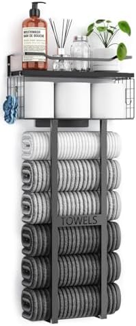 Aetyord Towel Racks for Bathroom 31inch Wall Mounted Towel Rack,Floating Shelf with Wood Plank,Towel Storage for Bathroom can Holds 6 Large Rolled Towels,All Black - Homesidy.com