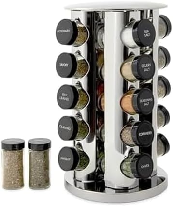 Kamenstein 20 Jar Revolving Countertop Spice Rack with Spices Included, FREE Spice Refills for 5 Years, Polished Stainless Steel with Black Caps, 30020 - Homesidy.com