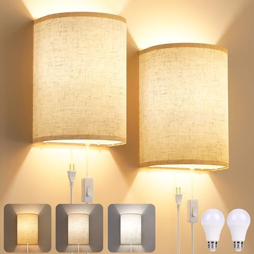 Plug in Wall Sconces Set of Two: Wall Lights with On/Off Switch - Stepless Color Temperature Wall Mount Lamps - Fabric Linen Wall Sconce for Bedroom Living Room & Hallway - Indoor Corded Wall Sconces - Homesidy.com