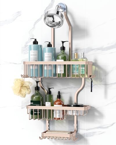 YASONIC Shower Caddy Hanging - Never Rust Shower Organizer - Aluminum Over The Head Caddy with 10 Hooks for Razor/Sponge - Rack with Soap Basket - Silver - Homesidy.com