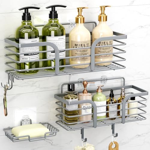 Shower Caddy, Adhesive Shower Organizer with Soap Dish and 4 Hooks, Rustproof Stainless Steel Shower Shelves, Wall Mounted No Drilling Storage Shelf Basket Accessories for Bathroom & Kitchen - Homesidy.com