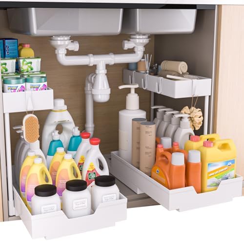 2 Pack Under Sink Organizer 2 Tier Sliding Cabinet Organizers Multi - Purpose Sink Storage Basket L - Shape Narrow Space Storage Shelves with 4 Hook for Kitchen Bathroom Drawer, Black - Homesidy.com
