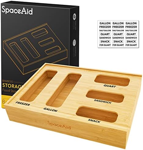 SpaceAid Bag Storage Organizer for Kitchen Drawer, Bamboo Organizer, Compatible with Gallon, Quart, Sandwich and Snack Variety Size Bag (1 Box 4 Slots) - Homesidy.com