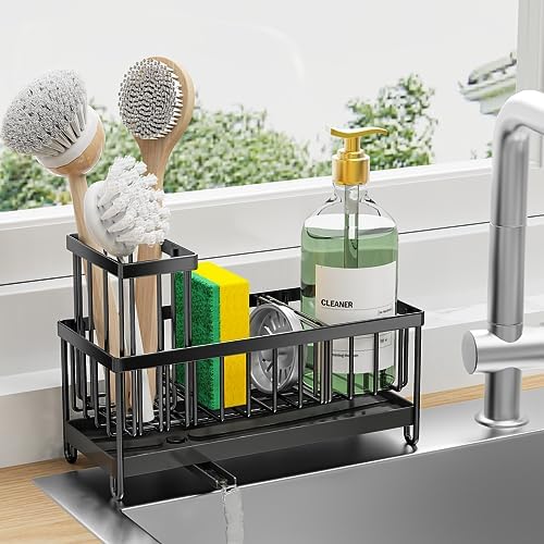 Cisily Black Sponge Holder for Kitchen Sink, Sink Caddy Organizer with High Brush Holder, Kitchen Countertop Organizers and Storage Essentials, Rustproof 304 Stainless Steel, Soap Dispenser Organize - Homesidy.com