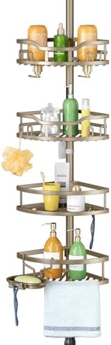 HAMITOR Corner Shower Caddy Tension Pole: Rustproof 4 - Tier Bathroom Organizer Shelves for Bathtub Shampoo Storage - 47 - 121 Inch Quick Install Adjustable Rod Standing Rack with Soap Rack - Silver Gray - Homesidy.com