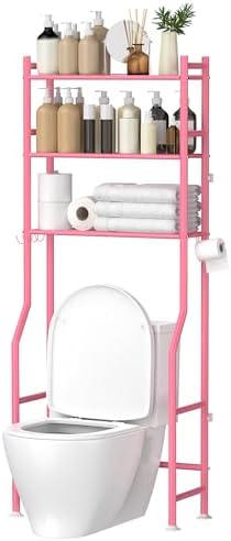GloTika 3 - Tier Over The Toilet Storage, Space Saver Metal Bathroom Shelves, Freestanding Above Over Toilet Storage Shelf with 4 Hooks for Bathroom, Black - Homesidy.com