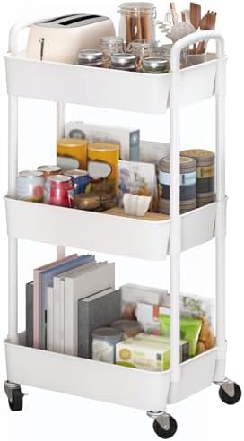 Sywhitta 3 - Tier Plastic Rolling Utility Cart with Handle, Multi - Functional Storage Trolley for Office, Living Room, Kitchen, Movable Storage Organizer with Wheels, White - Homesidy.com