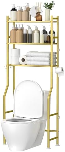 GloTika 3 - Tier Over The Toilet Storage, Space Saver Metal Bathroom Shelves, Freestanding Above Over Toilet Storage Shelf with 4 Hooks for Bathroom, Black - Homesidy.com