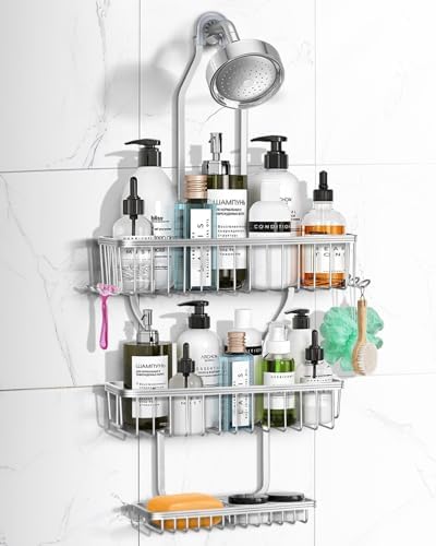 MSAICOE Shower Caddy Hanging - Never Rust Shower Hanging Organizer - Aluminum Over the ShowerHead Caddy with Soap Basket and 6 Hooks for Razor/Sponge (Black) - Homesidy.com