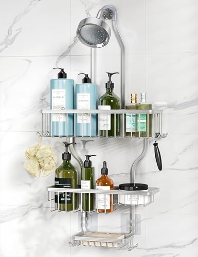 YASONIC Shower Caddy Hanging - Never Rust Shower Organizer - Aluminum Over The Head Caddy with 10 Hooks for Razor/Sponge - Rack with Soap Basket - Silver - Homesidy.com