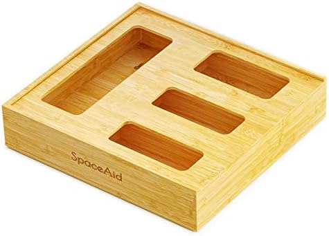 SpaceAid Bag Storage Organizer for Kitchen Drawer, Bamboo Organizer, Compatible with Gallon, Quart, Sandwich and Snack Variety Size Bag (1 Box 4 Slots) - Homesidy.com
