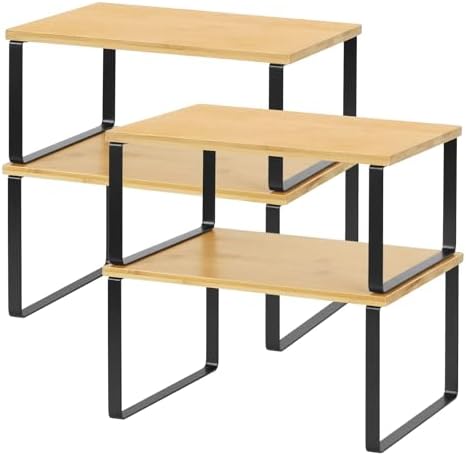 NEX Bamboo Kitchen Cabinet and Counter Shelf Organizer, Stackable &amp; Expandable, Set of 4, White and Natural - Homesidy.com