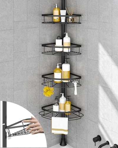 SEIRIONE Rustproof Shower Corner Caddy Organizer for Bathroom, 4 Adjustable Shelves with Tension Pole, for Bathtub Shampoo Accessories Storage Holder, 34 to 116 Inch Height - Homesidy.com