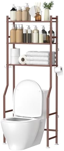 GloTika 3 - Tier Over The Toilet Storage, Space Saver Metal Bathroom Shelves, Freestanding Above Over Toilet Storage Shelf with 4 Hooks for Bathroom, Black - Homesidy.com