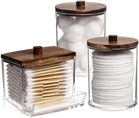 Tbestmax Qtips Holder Bathroom Container, 10 OZ Cotton Ball/Swabs Dispenser, Apothecary Jar Organizer for Storage Brown Wood Lids - Homesidy.com
