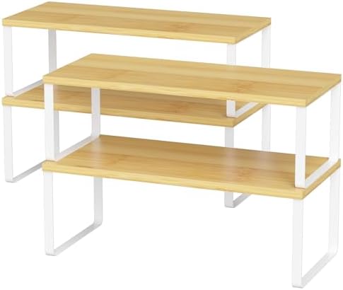 NEX Bamboo Kitchen Cabinet and Counter Shelf Organizer, Stackable &amp; Expandable, Set of 4, White and Natural - Homesidy.com