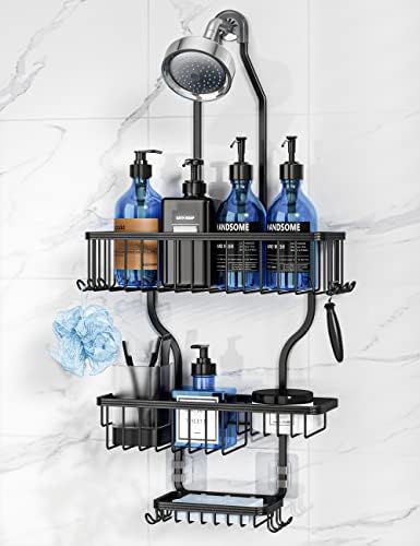 YASONIC Shower Caddy Hanging - Never Rust Shower Organizer - Aluminum Over The Head Caddy with 10 Hooks for Razor/Sponge - Rack with Soap Basket - Silver - Homesidy.com