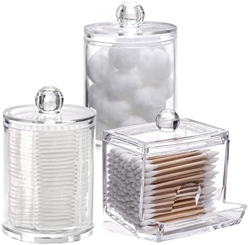 Tbestmax Qtips Holder Bathroom Container, 10 OZ Cotton Ball/Swabs Dispenser, Apothecary Jar Organizer for Storage Brown Wood Lids - Homesidy.com