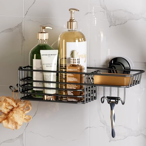 TAILI Shower Caddy Suction Cup 2 Pack with Hooks &amp; Soap holder, Heavy Duty Shower Organizer for Bathroom, No Drilling Bathroom Organizer with Large Capacity, Black Metal Storage Basket - Homesidy.com