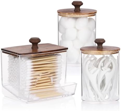 Tbestmax Qtips Holder Bathroom Container, 10 OZ Cotton Ball/Swabs Dispenser, Apothecary Jar Organizer for Storage Brown Wood Lids - Homesidy.com