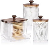 Tbestmax Qtips Holder Bathroom Container, 10 OZ Cotton Ball/Swabs Dispenser, Apothecary Jar Organizer for Storage Brown Wood Lids - Homesidy.com