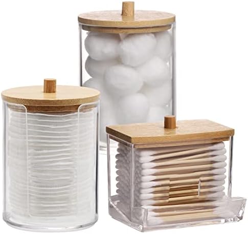 Tbestmax Qtips Holder Bathroom Container, 10 OZ Cotton Ball/Swabs Dispenser, Apothecary Jar Organizer for Storage Brown Wood Lids - Homesidy.com