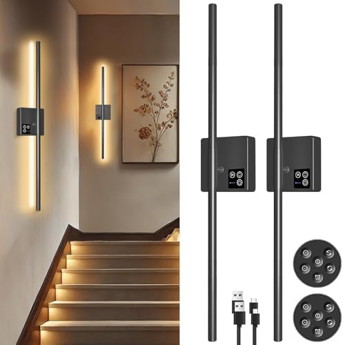 31in Wireless Wall Sconces Set of Two, [Creates Sunset Glow Ambiance] Dimmable 2700K–6000K with 8000mAh Battery &amp; Display, Touch/Remote Control, Rechargeable Wall Lamps for Home Decor – Black - Homesidy.com