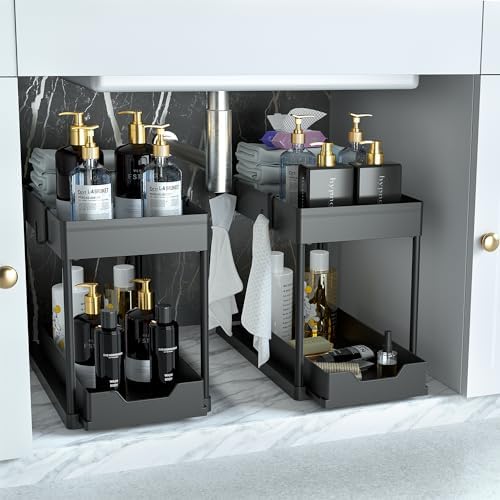 DEKAVA Under Sink Organizer 2 Pack, Bathroom Cabinet Organizer, 2 Tier Sliding Cabinet Basket Organizer Drawer, Multi - Purpose Bath Collection Baskets for Bathroom (Black) - Homesidy.com