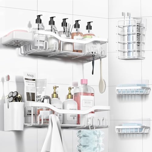 NESOMI Shower Caddy Adhesive Shower Organizer 7 - Pack, Rustproof Stainless Steel Bathroom Shelves, Large Capacity No - Drill Rack Storage Accessories with Soap Dish Toothbrush Holder &amp;24 Hooks Home Decor - Homesidy.com