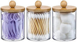 4 Pack Qtip Holder Dispenser with Bamboo Lids - 10 oz Clear Plastic Apothecary Jar Containers for Vanity Makeup Organizer Storage - Bathroom Accessories Set for Cotton Swab, Ball, Pads, Floss - Homesidy.com