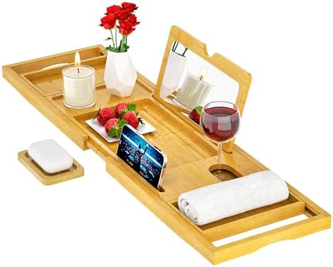 Premium Bamboo Bathtub Tray Caddy - Bath Tub Tray Table for Bathtub - Bath Caddy Tray for Bathtub, Expandable Size, Fits Most Bath Tubs - Homesidy.com