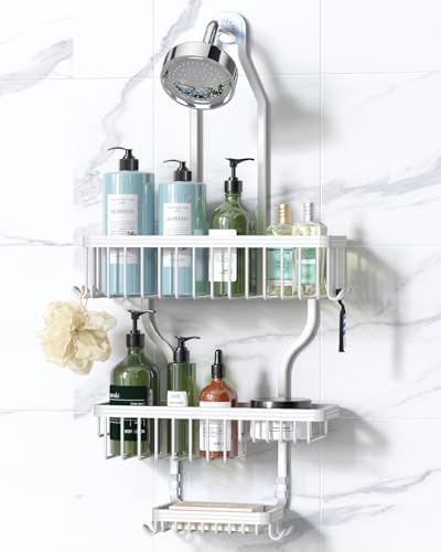 YASONIC Shower Caddy Hanging - Never Rust Shower Organizer - Aluminum Over The Head Caddy with 10 Hooks for Razor/Sponge - Rack with Soap Basket - Silver - Homesidy.com