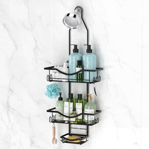 Shower Caddy Hanging Adjustable Shower Caddy, Rustproof Shower Organizer Extended Length Shower Caddy Over Shower Head with Hooks Soap Holder, Large Capacity Anti - Swing Bathroom Organizer, Black - Homesidy.com