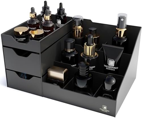 Uncluttered Designs Large Black Vanity Organizer - Countertop Mens Organizer With Drawers for Cologne, Deodorant, Beard, Shaving Lotion, Perfume &amp; Skincare - Perfect for Bathroom &amp; Bedroom Storage - Homesidy.com