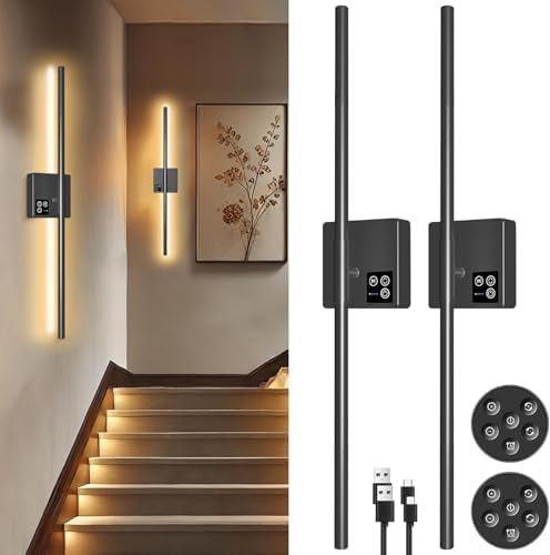 31in Wireless Wall Sconces Set of Two, [Creates Sunset Glow Ambiance] Dimmable 2700K–6000K with 8000mAh Battery &amp; Display, Touch/Remote Control, Rechargeable Wall Lamps for Home Decor – Black - Homesidy.com