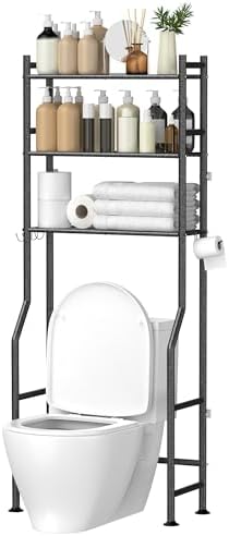 GloTika 3 - Tier Over The Toilet Storage, Space Saver Metal Bathroom Shelves, Freestanding Above Over Toilet Storage Shelf with 4 Hooks for Bathroom, Black - Homesidy.com