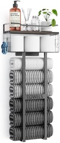 Aetyord Towel Racks for Bathroom 31inch Wall Mounted Towel Rack,Floating Shelf with Wood Plank,Towel Storage for Bathroom can Holds 6 Large Rolled Towels,All Black - Homesidy.com