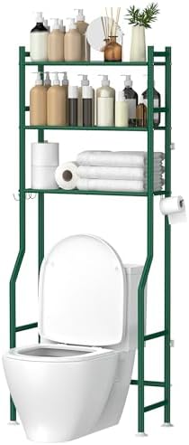GloTika 3 - Tier Over The Toilet Storage, Space Saver Metal Bathroom Shelves, Freestanding Above Over Toilet Storage Shelf with 4 Hooks for Bathroom, Black - Homesidy.com