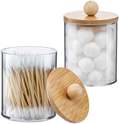 4 Pack Qtip Holder Dispenser with Bamboo Lids - 10 oz Clear Plastic Apothecary Jar Containers for Vanity Makeup Organizer Storage - Bathroom Accessories Set for Cotton Swab, Ball, Pads, Floss - Homesidy.com