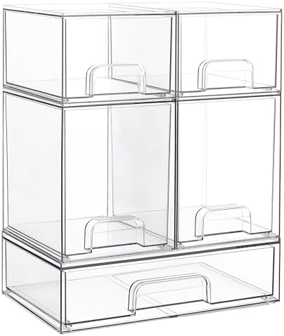 Vtopmart Stackable Storage Drawers Set of 5, Clear Plastic Organizer Bins for Baby Bottle, Beauty Supplies Storage, Ideal for Kichen Countertop, Vanity, Bathroom, Cabinet, Pantry Organization - Homesidy.com