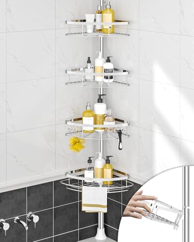 SEIRIONE Rustproof Shower Corner Caddy Organizer for Bathroom, 4 Adjustable Shelves with Tension Pole, for Bathtub Shampoo Accessories Storage Holder, 34 to 116 Inch Height - Homesidy.com