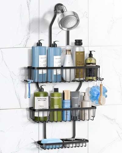 MSAICOE Shower Caddy Hanging - Never Rust Shower Hanging Organizer - Aluminum Over the ShowerHead Caddy with Soap Basket and 6 Hooks for Razor/Sponge (Black) - Homesidy.com
