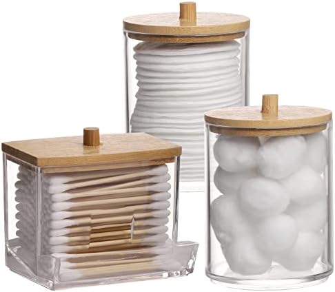Tbestmax Qtips Holder Bathroom Container, 10 OZ Cotton Ball/Swabs Dispenser, Apothecary Jar Organizer for Storage Brown Wood Lids - Homesidy.com