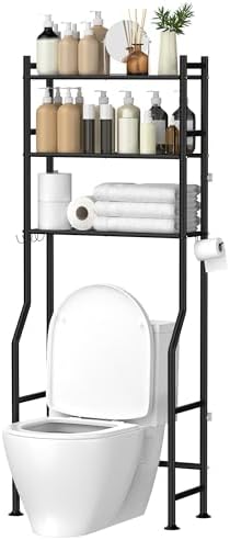 GloTika 3 - Tier Over The Toilet Storage, Space Saver Metal Bathroom Shelves, Freestanding Above Over Toilet Storage Shelf with 4 Hooks for Bathroom, Black - Homesidy.com