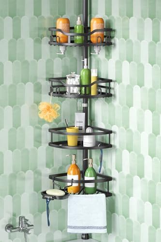 HAMITOR Corner Shower Caddy Tension Pole: Rustproof 4 - Tier Bathroom Organizer Shelves for Bathtub Shampoo Storage - 47 - 121 Inch Quick Install Adjustable Rod Standing Rack with Soap Rack - Silver Gray - Homesidy.com