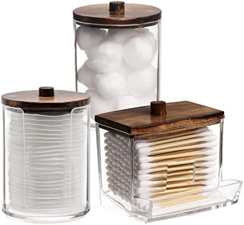 Tbestmax Qtips Holder Bathroom Container, 10 OZ Cotton Ball/Swabs Dispenser, Apothecary Jar Organizer for Storage Brown Wood Lids - Homesidy.com