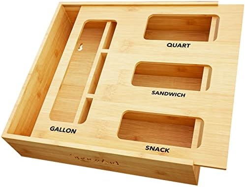 SpaceAid Bag Storage Organizer for Kitchen Drawer, Bamboo Organizer, Compatible with Gallon, Quart, Sandwich and Snack Variety Size Bag (1 Box 4 Slots) - Homesidy.com