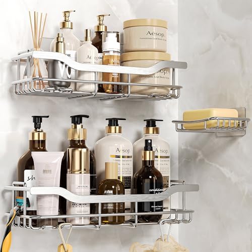 OMAIRA 3 - Pack Shower Caddy with Soap Holder, Adhesive Rustproof No - drill Strudy Loading Inside Shower Organizer Shelves Rack Storage Bathroom Organization for Smooth Wall Glass Tile, Black (Large) - Homesidy.com